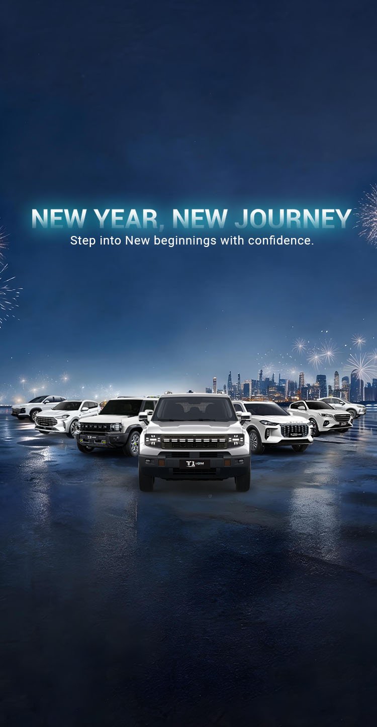 JETOUR SUVs and hybrid vehicles lined up under New Year New Journey campaign, highlighting confidence and modern design